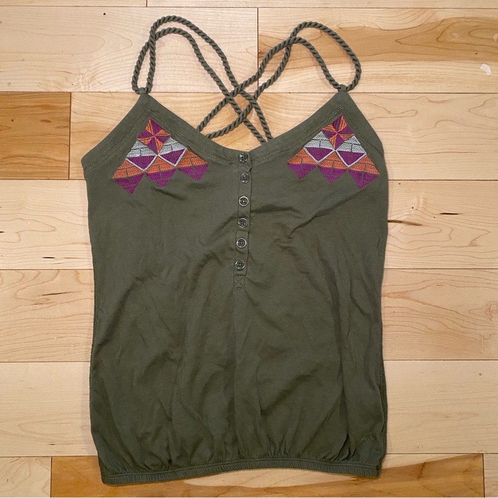 Olive Green Embroidered Strappy Tank Top Boho